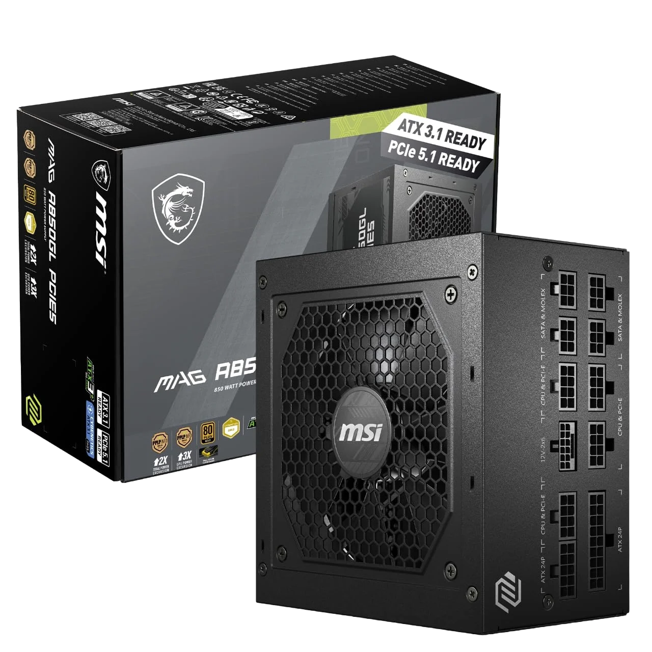 MSI MAG A850GL PCIE5 II 850W 80 PLUS Gold Fully Modular ATX 3.1 Power Supply