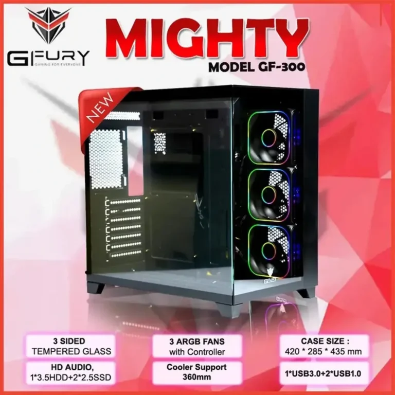 GFury Mighty GF-300 Tempered Glass ATX Gaming Case with 3 ARGB Fans - Black