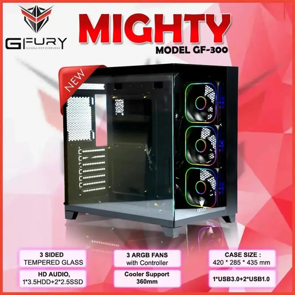 GFury Mighty GF-300 Tempered Glass ATX Gaming Case with 3 ARGB Fans - Black